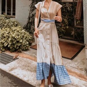 SANDRO PARIS Rosanda Striped Linen-blend Dress In Beige/blue